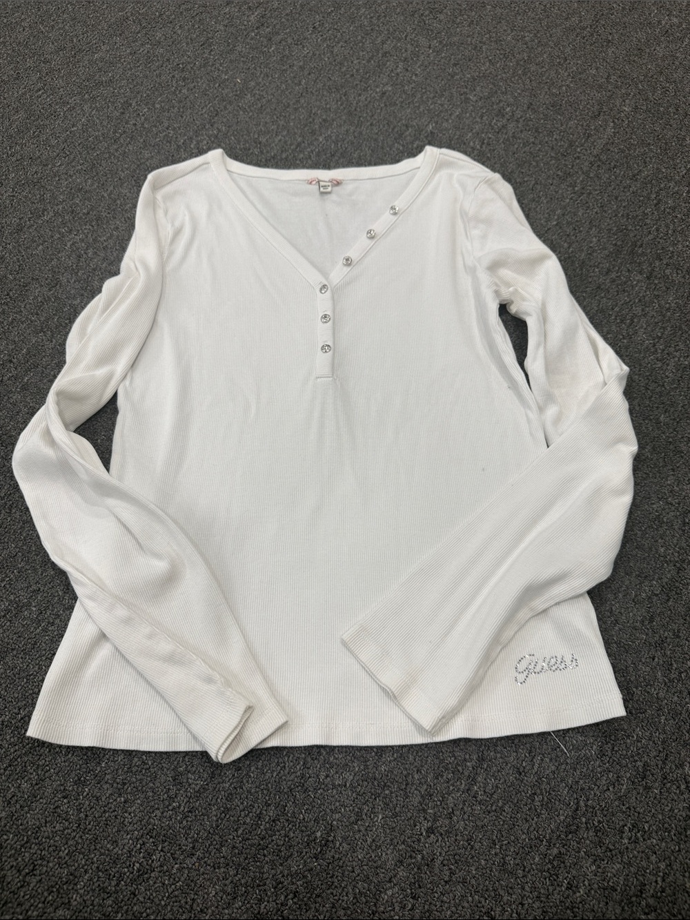 Guess White Rhinestone Logo Long-Sleeve Henley